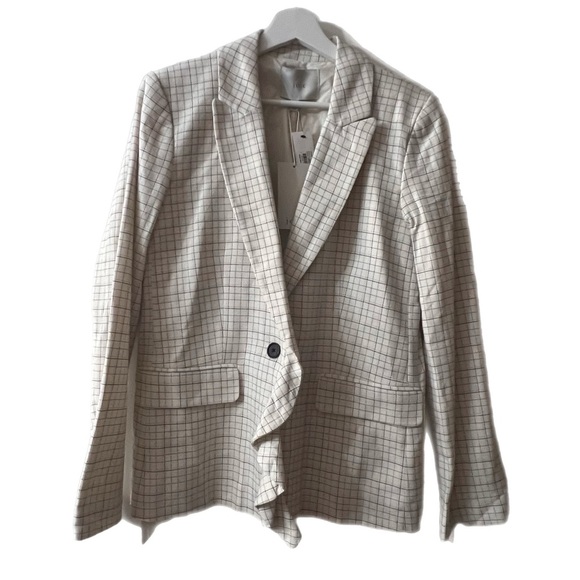 $368 NWT JOIE Sz4 VILLETTE RUFFLED PLAID ONE BUTTON BLAZER PORCELAIN - Picture 3 of 9